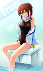 Rule 34 | 10s, 1girl, bird, blush, breasts, competition swimsuit, covered navel, free!, goggles, goggles around neck, iwatobi-chan, jacket, long hair, looking at viewer, matsuoka gou, one-piece swimsuit, red eyes, red hair, shian (my lonly life.), sitting, smile, solo, swimsuit, wet