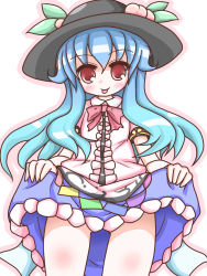 Rule 34 | 1girl, blush, clothes lift, female focus, food, frills, fruit, gradient hair, hat, hinanawi tenshi, ibuki (clover club), leaf, long hair, multicolored hair, peach, red eyes, short sleeves, simple background, skirt, skirt lift, solo, tongue, touhou, very long hair