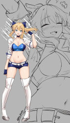 Rule 34 | 1girl, ^ ^, absurdres, ahoge, alternate breast size, artoria pendragon (all), artoria pendragon (fate), belt, blonde hair, blue bow, blue eyes, blue gloves, blue shorts, blush, boots, bow, breasts, cleavage, closed eyes, commentary, fate/extella, fate/extella link, fate/extra, fate (series), gloves, grey background, hair bow, highres, large breasts, long hair, midriff, multiple views, navel, open clothes, open shirt, pinepin, saber (fate), saber (type-moon racing) (fate), shirt, short shorts, shorts, standing, stomach, strapless, thigh boots, thighs, tube top, white belt, white footwear, white shirt