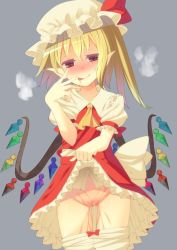 Rule 34 | 1girl, :q, ascot, asymmetrical hair, bad id, bad pixiv id, blonde hair, bloomers, bloomers pull, blush, breath, cleft of venus, clothes lift, dress shirt, embodiment of scarlet devil, female focus, flandre scarlet, hat, naughty face, necktie, no panties, ogino (oginogino), pointy ears, pussy, pussy juice, red eyes, shirt, short hair, side ponytail, skirt, skirt lift, solo, tongue, tongue out, touhou, underwear, wings
