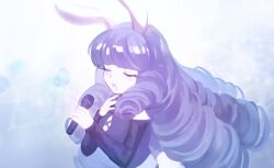 Rule 34 | 1girl, animal ears, black jacket, chuchu (show by rock!!), closed eyes, facing to the side, holding, holding microphone, jacket, blue background, long hair, long sleeves, mel6969, microphone, multicolored background, open mouth, purple hair, rabbit ears, rabbit girl, show by rock!!, solo, white background