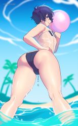 Rule 34 | 1boy, androgynous, ass, ass focus, ball, beachball, black one-piece swimsuit, colored eyelashes, gris swimsuit, hair between eyes, hand on own hip, highres, huge ass, indie virtual youtuber, kneepits, leotard, looking at viewer, looking back, male focus, matemi, meme, meme attire, messy hair, one-piece swimsuit, palm tree, purple eyes, purple hair, see-through, see-through leotard, shiny skin, short hair, shoto (vtuber), swimsuit, trap, tree, virtual youtuber, wet, wet clothes, wet swimsuit, wide hips