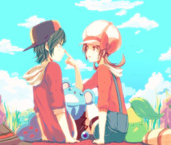 Rule 34 | 00s, 1boy, 1girl, black hair, bow, brown eyes, brown hair, chikorita, cloud, creatures (company), cyndaquil, day, ethan (pokemon), eye contact, game freak, gen 2 pokemon, hat, hat bow, hat ribbon, hood, looking at another, lyra (pokemon), marill, nintendo, pokemon, pokemon (creature), pokemon hgss, ribbon, shiuka, sitting, thigh strap, twintails