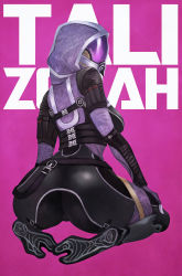 Rule 34 | 1girl, absurdres, alien, ass, back, bodysuit, character name, covered face, fewer digits, from behind, helmet, highres, hood, kneeling, looking at viewer, looking back, mass effect (series), mass effect 1, monori rogue, pink background, quarian, solo, tali&#039;zorah, thigh gap