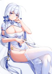 Rule 34 | 1girl, absurdres, azur lane, blue eyes, breasts, bursting breasts, china dress, chinese clothes, cleavage, crossed legs, cutout above navel, dress, folding fan, garter straps, hand fan, highres, holding, holding fan, illustrious (azur lane), illustrious (maiden lily&#039;s radiance) (azur lane), large breasts, long hair, looking at viewer, mole, mole under eye, official alternate costume, pelvic curtain, see-through, short sleeves, simple background, sitting, solo, thighhighs, tri tails, very long hair, watchdog rol (y1104280730), white background, white dress, white hair, white thighhighs