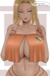Rule 34 | 1girl, android 18, blonde hair, breasts, double v, dragon ball, dragonball z, english text, large breasts, solo, sweat, v, weedsta