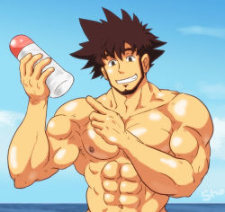 Rule 34 | 1boy, bara, darker than black, facial hair, looking at viewer, lube, male focus, muscular, pectorals, sexually suggestive, shizume genma, smile, solo, teeth