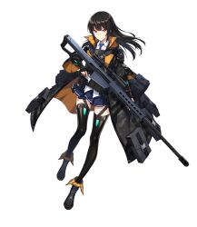 Rule 34 | 1girl, anti-materiel rifle, bag, barrett m82, belt, black hair, black jacket, black thighhighs, counter:side, full body, gun, highres, holding, holding gun, holding weapon, jacket, long hair, official art, red eyes, rifle, scope, serious, skirt, sniper rifle, thighhighs, transparent background, weapon, xiao lin (counter:side)