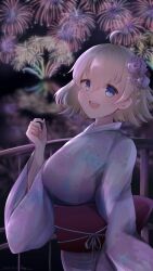 Rule 34 | 1girl, absurdres, aerial fireworks, ahoge, azur lane, blonde hair, blue eyes, blurry, blurry background, breasts, commentary request, fireworks, floral print, flower, from side, hair between eyes, hair flower, hair ornament, highres, japanese clothes, kimono, large breasts, long sleeves, looking at viewer, looking to the side, oklahoma (azur lane), open mouth, outdoors, purple flower, rakuza (ziware30), red sash, sash, short hair, solo, teeth, upper body, upper teeth only, wide sleeves, yukata