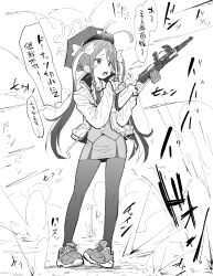 Rule 34 | 1girl, abonnu (adooonnu), ahoge, blue archive, blush stickers, firing, fubuki (blue archive), greyscale, gun, hat, highres, holding, holding gun, holding weapon, jacket, long hair, monochrome, necktie, pantyhose, police hat, shoes, sneakers, twintails, walkie-talkie, weapon