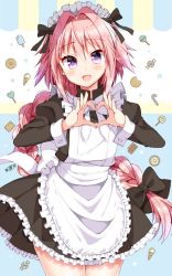 Rule 34 | 1boy, alternate costume, apron, astolfo (fate), braid, candy, chocolate, cookie, cowboy shot, cracker, enmaided, fate/apocrypha, fate (series), food, hair intakes, hair ribbon, heart, heart-shaped lollipop, heart hands, lollipop, maid, maid apron, maid headdress, male focus, official alternate costume, pink hair, ribbon, shaped lollipop, single braid, solo, trap, tsukudani norio, wrapped candy