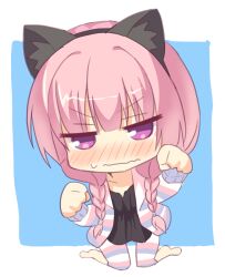 Rule 34 | 1girl, animal ear fluff, animal ears, black camisole, blue background, blunt bangs, blush, border, braid, camisole, cat ears, chibi, closed mouth, commentary, embarrassed, fake animal ears, highres, jacket, jitome, kneeling, long hair, long sleeves, looking at viewer, low twin braids, mitsukasa ayase, nose blush, official alternate costume, official alternate hairstyle, open clothes, open jacket, paw pose, pink hair, purple eyes, riddle joker, simple background, solo, striped clothes, striped jacket, sweatdrop, tatsuya (trypaint), twin braids, v-shaped eyebrows, wavy mouth, white border
