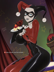 Rule 34 | 1girl, artist name, barleyshake, batman (series), blue eyes, bodysuit, breasts, covered erect nipples, covered navel, dc comics, dutch angle, eating, eye mask, fork, gloves, harley quinn, highres, holding, holding fork, impossible bodysuit, impossible clothes, jester, large breasts, looking at viewer, makeup, narrow waist, patreon username, shiny clothes, sitting, skin tight, smile, solo, toon (style), utensil in mouth, wide hips