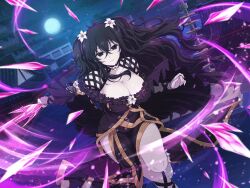 Rule 34 | 1girl, architecture, attack, black dress, black eyes, black hair, blush, breasts, building, castle, choker, cleavage, collarbone, cryokinesis, crystal sword, dress, east asian architecture, energy, flower, flower choker, frilled dress, frills, fubuki (senran kagura), full body, hair between eyes, hair flower, hair ornament, holding, holding sword, holding weapon, ice crystal, large breasts, light particles, long hair, looking at viewer, moon, motion lines, night, night sky, official art, outdoors, pale skin, plant, rooftop, senran kagura, senran kagura new link, sky, solo, star (sky), starry sky, sword, tower, tree, very long hair, wavy hair, weapon, white flower, white lily, yaegashi nan