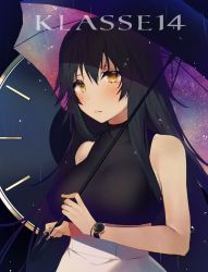 Rule 34 | 1girl, asagi yuna, bare shoulders, black hair, black shirt, blouse, blush, clock hands, closed mouth, commentary request, hair between eyes, highres, holding, klasse14, long hair, looking at viewer, original, product placement, shirt, skirt, solo, title, umbrella, watch, water drop, white skirt, wristwatch, yellow eyes