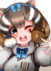 Rule 34 | 1girl, animal costume, animal ear fluff, animal ears, bow, bowtie, brown hair, chipmunk costume, chipmunk ears, chipmunk girl, extra ears, highres, hikarikmy, kemono friends, kemono friends v project, microphone, multicolored hair, one eye closed, open mouth, ribbon, scarf, shirt, short hair, siberian chipmunk (kemono friends), simple background, smile, vest, virtual youtuber, white hair