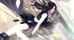 Rule 34 | 1girl, armband, bare arms, black gloves, black hair, black shorts, black vest, breasts, clenched hand, closed mouth, commentary, cropped vest, falling petals, fighting stance, final fantasy, final fantasy vii, final fantasy vii advent children, floating hair, from side, gloves, highres, large breasts, long hair, looking ahead, making-of available, on wall, onimoti, outstretched leg, petals, red eyes, shoes, shorts, solo, square enix, tifa lockhart, v-shaped eyebrows, vest
