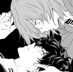 Rule 34 | 2boys, akechi gorou, amamiya ren, closed mouth, from side, greyscale, hair between eyes, jacket, looking at another, male focus, monochrome, multiple boys, necktie, persona, persona 5, profile, sawa2, shirt, simple background, yaoi