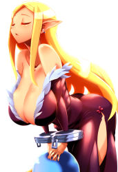 Rule 34 | 1girl, ass, bare shoulders, blonde hair, breasts, cleavage, closed eyes, cuffs, curvy, disgaea, dress, earrings, elf, healer (disgaea), highres, hip focus, huge ass, huge breasts, jewelry, large breasts, leaning forward, long hair, no bra, open mouth, pointy ears, prinny, side slit, sidelocks, simple background, solo, strapless, strapless dress, thick thighs, thighs, tokyo (great akuta), very long hair, white background, wide hips