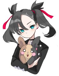 Rule 34 | 1girl, black choker, black jacket, choker, closed mouth, commentary request, creatures (company), earrings, eyelashes, game freak, gen 8 pokemon, green eyes, hair ribbon, head tilt, highres, holding, holding pokemon, jacket, jewelry, long sleeves, looking at viewer, marnie (pokemon), morpeko, morpeko (full), nintendo, pokemon, pokemon (creature), pokemon swsh, red ribbon, ribbon, simple background, twintails, ukocome, upper body, white background