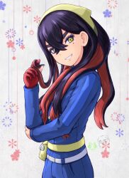 Rule 34 | 1girl, black hair, blue jacket, blue pants, carmine (pokemon), creatures (company), crossed bangs, fanny pack, game freak, gloves, hair between eyes, hairband, highres, jacket, long hair, looking at viewer, mole, mole under eye, multicolored hair, nintendo, pants, partially fingerless gloves, playing with own hair, pokemon, pokemon sv, red gloves, red hair, single glove, smile, solo, teeth, two-tone hair, yakatsu, yellow eyes, yellow hairband