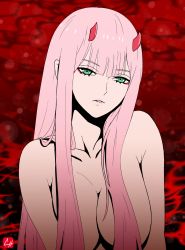 Rule 34 | 10s, 1girl, breasts, chris re5, darling in the franxx, hair censor, hair over breasts, head tilt, highres, horns, large breasts, long hair, looking at viewer, parted lips, pink hair, pink lips, solo, straight hair, upper body, very long hair, zero two (darling in the franxx)