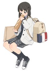 Rule 34 | 1girl, absurdres, backpack, bag, baguette, black eyes, black hair, black socks, blazer, blush, bread, checkered clothes, checkered shirt, checkered skirt, collared shirt, converse, eating, flag print, food, french flag, highres, holding, holding food, jacket, kneehighs, kumanoi (nichols), legs together, looking down, necktie, original, paper bag, plaid, plaid skirt, pleated skirt, school uniform, shirt, shoes, simple background, sitting, skirt, sneakers, socks, solo, sweater, twintails, unbuttoned, white background, white jacket