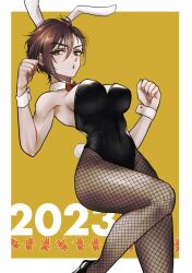 Rule 34 | 1girl, absurdres, animal ears, bare shoulders, black leotard, bow, bowtie, breasts, brown hair, brown pantyhose, cleavage, clenched hand, dated, detached collar, fake animal ears, fake tail, fishnet pantyhose, fishnets, green eyes, hair between eyes, hands up, highleg, highleg leotard, highres, idolmaster, idolmaster cinderella girls, kiba manami, large breasts, leotard, looking at viewer, pantyhose, playboy bunny, rabbit ears, rabbit tail, shinogugu, simple background, solo, strapless, strapless leotard, tail, wrist cuffs, yellow background