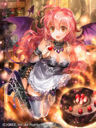 Rule 34 | 1girl, :d, apron, arm belt, bad id, bad pixiv id, bare shoulders, black footwear, boots, breasts, cake, chocolate, choker, cleavage, demon girl, demon tail, demon wings, detached sleeves, fishnet thighhighs, fishnets, flying, food, fruit, hair between eyes, holding, holding food, holding fruit, indoors, jewelry, light particles, long hair, looking at viewer, medium breasts, necklace, official art, open mouth, orange eyes, pink hair, rioka (southern blue sky), seisen cerberus, smile, solo, strawberry, tail, thighhighs, vial, watermark, wings