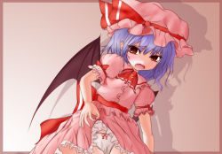 Rule 34 | 1girl, bad anatomy, bad hands, blue hair, blush, clothes lift, dress, dress lift, fang, female focus, gradient background, panties, poorly drawn, red eyes, remilia scarlet, short hair, skirt, skirt lift, skirt set, solo, tears, touhou, underwear, wings