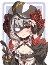 Rule 34 | belt, blush, breasts, collarbone, commentary request, fuusuke (fusuke208), hair ornament, hairclip, highres, hololive, holox, hood, large breasts, looking at viewer, mask, portrait, red eyes, ribbon, sakamata chloe, sakamata chloe (1st costume), silver hair, solo, tongue, tongue out, virtual youtuber, x hair ornament