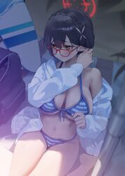 Rule 34 | 1girl, ayane (blue archive), ayane (swimsuit) (blue archive), bare legs, barefoot, bikini, black hair, blue archive, blush, breasts, closed mouth, glasses, halo, highres, jacket, large breasts, long sleeves, navel, official alternate costume, open clothes, open jacket, pointy ears, red-framed eyewear, red halo, short hair, solo, striped bikini, striped clothes, swimsuit, white jacket, xiujia yihuizi, yellow eyes