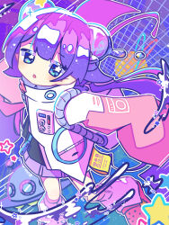 Rule 34 | 1girl, absurdres, backpack, bag, blue eyes, blush, crocs, double bun, hair bun, highres, jitome, leg warmers, long hair, long sleeves, open mouth, original, outline, planet, planetary ring, pleated skirt, purple hair, skirt, sleeves past fingers, sleeves past wrists, solo, star-shaped pupils, star (symbol), symbol-shaped pupils, tag, ufo, usa motou, very long hair, water drop, white outline