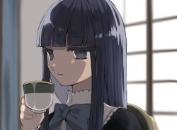 Rule 34 | 1girl, blue bow, blue hair, blunt bangs, blurry, blurry background, bow, chair, cup, daamiyan, day, dress, empty eyes, expressionless, face in shadow, frederica bernkastel, frills, holding, holding cup, indoors, lolita fashion, long hair, looking ahead, parted lips, puffy sleeves, purple eyes, ribbon, shaded face, sitting, solo, straight hair, sunlight, tea, teacup, umineko no naku koro ni, window