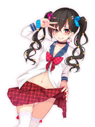 Rule 34 | 1girl, arm up, black choker, black hair, blue bow, blue scrunchie, blush, bow, bowtie, brown eyes, buttons, choker, clothes lift, collarbone, commentary, crossed bangs, dutch angle, ear piercing, earrings, eyeshadow, grin, gyaru, hair between eyes, hair ornament, hair scrunchie, hairclip, head tilt, heart, heart earrings, heart hair ornament, highres, idolmaster, idolmaster cinderella girls, jewelry, kogal, lifted by self, long hair, long sleeves, looking at viewer, makeup, mole, mole under eye, nail polish, navel, okuri banto, panties, partially unbuttoned, piercing, pink bow, pink panties, pink scrunchie, plaid, plaid skirt, pleated skirt, print thighhighs, red bow, red bowtie, red nails, red skirt, school uniform, scrunchie, sharp teeth, simple background, skirt, skirt lift, smile, solo, standing, star (symbol), star hair ornament, stomach, sunazuka akira, teeth, thighhighs, twintails, underwear, v, white background, white thighhighs, wrist scrunchie