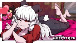 1girl, absurdres, animal ears, ass, bangs, baphomet (grizz), barefoot, black pants, border, borrowed character, breasts, cleavage, collared shirt, feet up, goat ears, goat girl, goat horns, goat tail, grin, heart, helltaker, highres, horns, lemontansan, long hair, looking at viewer, lying, medium breasts, on stomach, one eye closed, pants, red eyes, red shirt, shirt, smile, solo, sparkle, striped, striped pants, tail, vanripper (style), white border, white hair