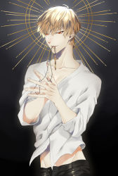 Rule 34 | 1boy, biting, black pants, blonde hair, cross, eyelashes, fate (series), gilgamesh (fate), highres, jewelry, looking at viewer, male focus, necklace, open mouth, pants, partially unzipped, red eyes, shirt, short hair, smile, solo, toned, white shirt, yanase seno