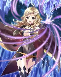 Rule 34 | 1girl, ahoge, blonde hair, bodystocking, breasts, cape, circlet, cleavage, covered navel, fire emblem, fire emblem fates, grey eyes, hand on own chest, highres, hip armor, ice, kakiko210, long hair, looking at viewer, magic, medium breasts, night, nintendo, open mouth, ophelia (fire emblem), outstretched hand, panties, parted bangs, sky, solo, sparkle, star (sky), starry sky, thighhighs, turtleneck, underwear, upper body, yellow panties