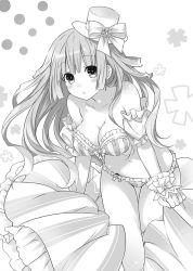 Rule 34 | 10s, 1girl, arm cuffs, bra, breasts, cleavage, collarbone, date a live, floating hair, greyscale, hat, highres, izayoi miku, leaning forward, long hair, medium breasts, mini hat, monochrome, navel, novel illustration, official art, panties, solo, strapless, strapless bra, striped bra, striped clothes, striped panties, tsunako, underwear, underwear only, very long hair, white background, white hat, wrist cuffs