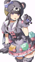 Rule 34 | 1girl, absurdres, bear hat, black gloves, black hair, blue bow, bow, dress, frilled dress, frills, gloves, grey dress, grey thighhighs, hand up, highres, holding, holding microphone, kani samurai, kurokuma (last period), last period, long hair, looking at viewer, microphone, purple eyes, short sleeves, simple background, solo, standing, thighhighs, tongue, tongue out, white background, zettai ryouiki