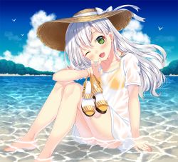 Rule 34 | 1girl, barefoot, day, fang, from side, green eyes, long hair, nail polish, ocean, one eye closed, open mouth, original, outdoors, sandals, unworn sandals, shoes, unworn shoes, shore, silver hair, sitting, smile, solo, summer, toenail polish, toenails, toujou mina, v, water, wet, wet clothes