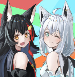 Rule 34 | 2girls, ahoge, animal ear fluff, animal ears, black bow, black hair, black shirt, blouse, blush, bow, breasts, commentary request, daichi (daichi catcat), detached sleeves, earrings, fang, fox ears, fox girl, green eyes, hair between eyes, hair bow, hair ornament, hairclip, highres, hololive, hood, hoodie, jewelry, long hair, looking at viewer, looking back, multicolored hair, multiple girls, ookami mio, ookami mio (1st costume), open mouth, red hair, shirakami fubuki, shirakami fubuki (1st costume), shirt, sidelocks, skin fang, small breasts, smile, streaked hair, virtual youtuber, white hair, white hoodie, wolf ears, wolf girl, yellow eyes