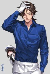Rule 34 | 1boy, 1girl, bad id, bad pixiv id, belt, black hair, blue shirt, fate/grand order, fate (series), gloves, hair over one eye, hat, highres, japanese clothes, koha-ace, long hair, long sleeves, looking at viewer, male focus, oryou (fate), ponytail, red eyes, sakamoto ryouma (fate), scarf, shirt, signature, simple background, smile, sora yoshitake yuda, very long hair, white gloves, white headwear