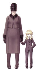 Rule 34 | 1boy, 1girl, blonde hair, blue eyes, child, fishnets, formal, gloves, holding hands, hand in pocket, hat, highres, kazuma kaneko, lady in black, long hair, louis cypher, mary janes, official art, old, old woman, shin megami tensei, shin megami tensei iii: nocturne, shoes, veil