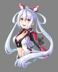 Rule 34 | 1girl, :d, absurdres, ahoge, breasts, cleavage, collarbone, cropped torso, floating hair, grey background, hair between eyes, hairband, hgk 0411, highres, long hair, looking at viewer, matoi (pso2), medium breasts, midriff, navel, open mouth, phantasy star, phantasy star online 2, red eyes, red hairband, silver hair, simple background, smile, solo, stomach, upper body, very long hair