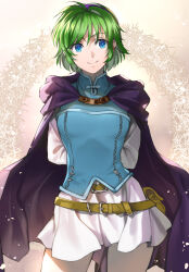 Rule 34 | 1girl, abstract background, arms behind back, belt pouch, blue eyes, blue shirt, breasts, cape, delsaber, fire emblem, fire emblem: the blazing blade, green hair, hairband, highres, hood, hood down, looking to the side, nino (fire emblem), nintendo, pouch, purple cape, purple hairband, shirt, skirt, small breasts, smile, white skirt