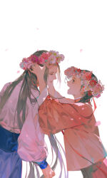 Rule 34 | 1boy, 1girl, arms up, black hair, chinese clothes, closed mouth, daisy, falling petals, flower, from side, hanfu, head wreath, holding, holding wreath, ibuki satsuki, light rays, long sleeves, looking at another, open mouth, original, parted bangs, petals, pink flower, profile, puffy sleeves, red flower, smile, upper body, white flower