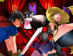 1boy 3girls battle breasts gigantic_breasts multiple_girls omc sword weapon