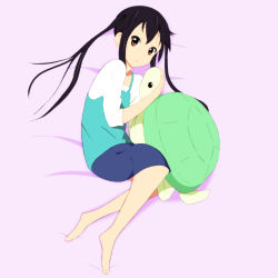 Rule 34 | 1girl, bad feet, bad id, bad pixiv id, black hair, brown eyes, casual, k-on!, kaiman, long hair, looking up, lying, nakano azusa, official style, on side, solo, stuffed animal, stuffed toy, turtle, twintails