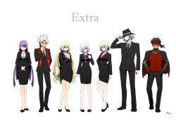 Rule 34 | alternate costume, amakusa shirou (fate), angra mainyu (fate), blonde hair, dual persona, edmond dantes (fate), fate/apocrypha, fate/grand order, fate/hollow ataraxia, fate (series), formal, full body, glasses, hat, highres, jeanne d&#039;arc (fate), jeanne d&#039;arc (ruler) (fate), jeanne d&#039;arc alter (avenger) (fate), jeanne d&#039;arc alter (fate), long hair, looking at viewer, martha (fate), mash kyrielight, multiple girls, one eye closed, purple eyes, purple hair, scarf, shimaneko, short hair, smile, suit, wh, white hair, yellow eyes